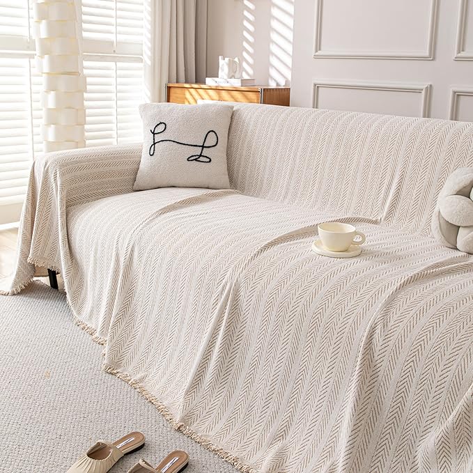 Boho Chenille Couch Cover for Dogs, Non Slip Sofa Cover, Couch Slipcover Covers for 3 Cushion, Furniture Protector with Tassels for Pets Washable, 91"x150", Fishbone Beige
