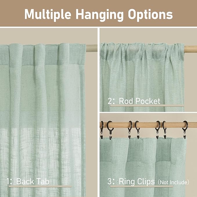 LAMIT Short Window Linen Curtains 36 Inch Length 2 Panels, Light Sage Light Filtering Panels Back Tab and Rod Pocket Neutral Drapes for Bathroom/Loft Room, 34 x 36 Inch