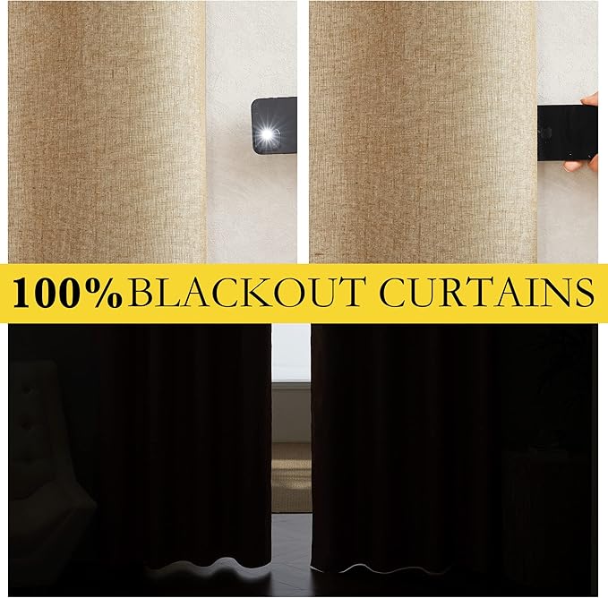 NICETOWN 100% Absolutely Blackout Linen Curtains with Thermal Insulated White Liner, Camel, 62" Wide, 2 Pieces, Privacy Vertical Window Drapes for Office Laundry Living Room Windows 84 inch Long
