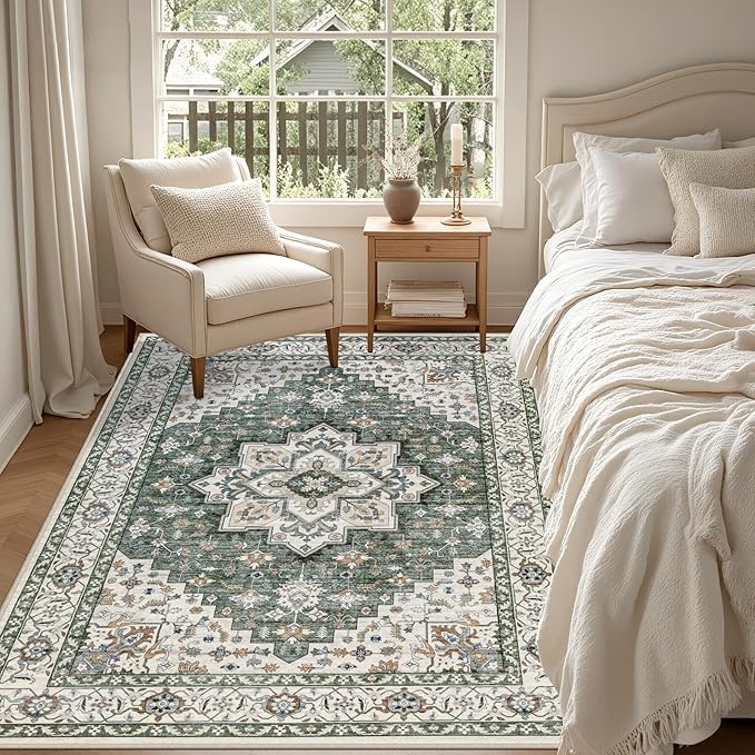 4x6 Area Rugs for Living Room: Washable Rug Soft Vintage Boho Medallion Carpet Indoor Non-Slip Stain Resistant Large Carpets for Bedroom Dining Room Farmhouse Nursery Home Office Green Ivory