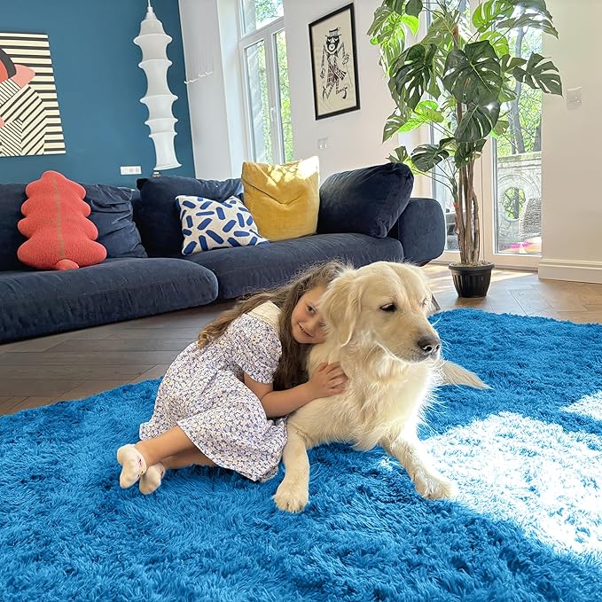 OLANLY 3x5 Machine Washable Small Bedside Rug, Soft Fluffy Shaggy Rugs for Living Room, Bedroom, Indoor Floor Carpet for Kids Girls and Boys, Preppy Dorms, Nursery, Home Decor Aesthetic, Bright Blue