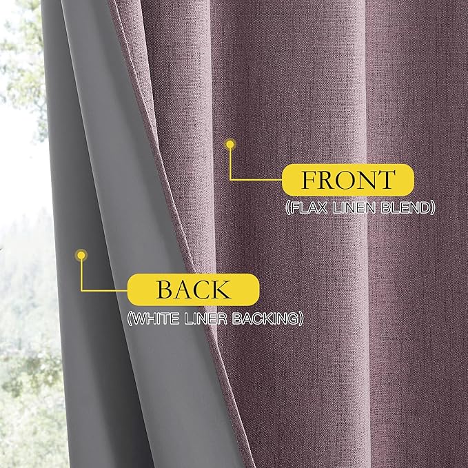 NICETOWN Chaise Mauve Vintage Linen 100% Blackout Curtains for Living Room, Thermal Insulated Curtains 108“ Long, Noise Reducing Window Treatment Drapes for Home Office, 62" Wide Per Panel, Set of 2