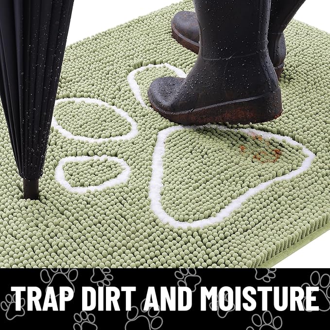 Smiry Dog Door Mat for Muddy Paws, Absorbent Dirt Trapper Non Slip Quick Dry Washable Chenille Mat for Mud Dogs, Entry Rug for Indoor and Outdoor (24x16 Inches, Sage Green and White)