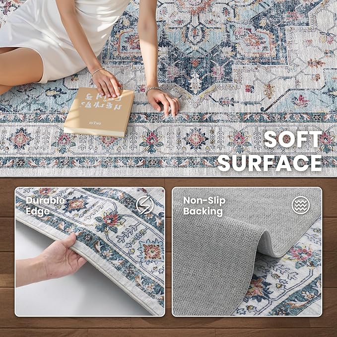 zesthome Washable Rug 5x7 Area Rugs,Stain Resistant Rugs for Living Room,Bedroom,Non-Slip Backing Home Decor Rug, Vintage Medallion Pattern Rugs (Blue,5'x7')