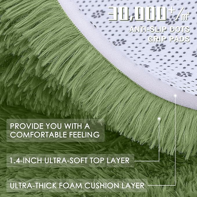 OLANLY 2x3 Machine Washable Small Bedside Rug, Soft Fluffy Shaggy Entryway Throw Rugs for Bedroom, Living Room, Indoor Floor Carpet for Kids Girls and Boys, Home Decor Aesthetic, Green