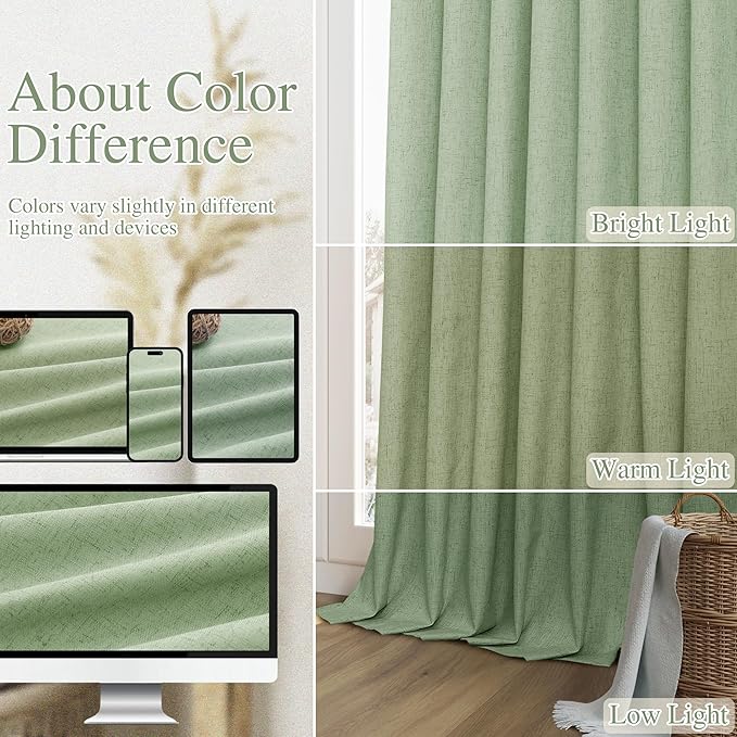 Guken Blackout Curtains 80 Inch Length 2 Panels Set for Living Room Bedroom Back Tab Thermal Insulated 100% Black Out Linen Drapes Room Darkening Window Curtains 80 Inches Long,Light Sage