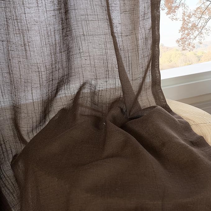 BGment Curtains 48 Inch Length for Short Window, Brown Linen Sheer Drapes for Bedroom Kitchen Cafe Bathroom Decor Lightweight Rustic Country Textured Rod Pocket, 2 Panels Set, Each 42 Inch Wide