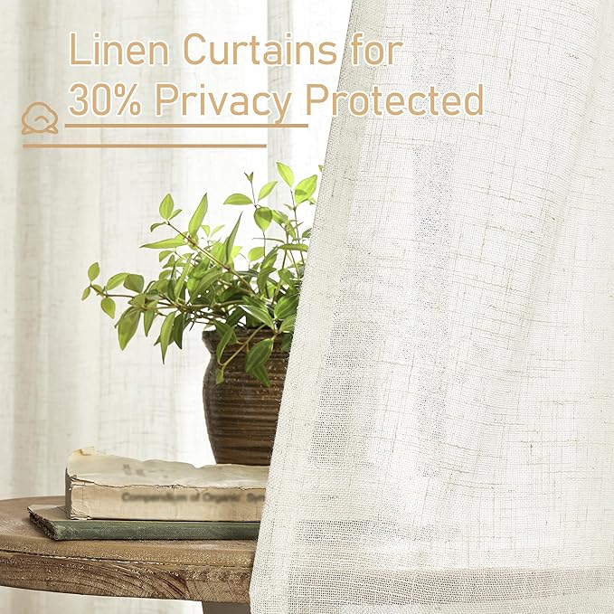 LAMIT Light Filtering Linen Curtains 54 inches Long for Bedroom, Linen Textured Semi Sheer Back Tab and Rod Pocket Cream Boho Drapes for Small Window/Living Room, 2 Panels, 52 x 54 Inch