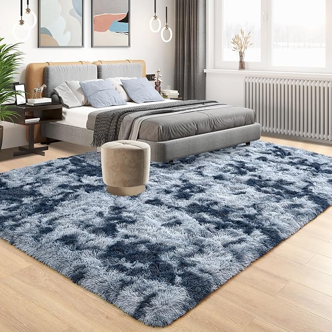 Tepook Area Rugs 9x12 for Living Room, Super Soft Fluffy Rugs for Bedroom, Modern Shaggy Rug Fuzzy Carpets for Kids, Plush Indoor Nursery Home Decor Rug with Non-Slip Bottom, Tie-Dyed Blue and Grey