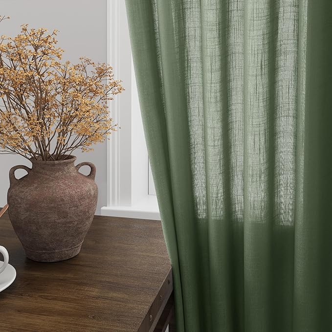 Nanspring Olive Green Linen Curtains for Living Room 2 Panels Set 94 Inch Length Back Tab Light Filtering Semi Sheer Curtain Drapes for Bedroom 52x94
