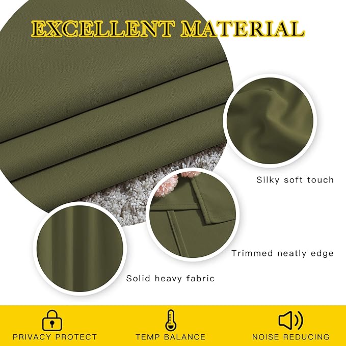 NICETOWN Olive Curtains 102 inches Long, Grommet Thermal Insulated Solid Blackout Curtains Privacy Window Treatments for Bedroom/Living Room, W46 x L102, 2 Panels