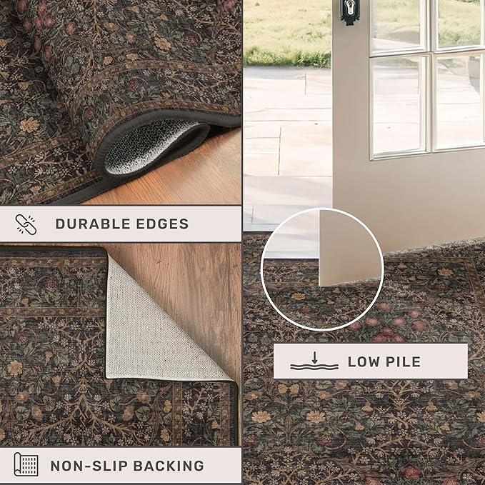 Dark Brown Washable Area Rug for Living Room - 6x9 Oriental Area Rug for Dining Room Under Table, Low Pile Non-Slip Floor Carpet for Bedroom - Vintage Botanical Floral Design & Stain Resistance