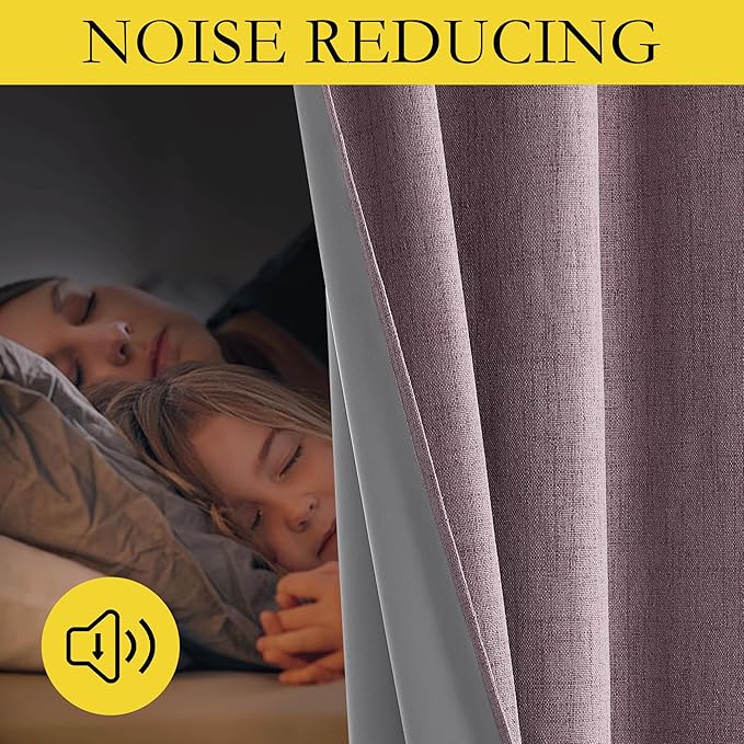 NICETOWN Chaise Mauve Vintage Linen 100% Blackout Curtains for Living Room, Thermal Insulated Curtains 45" Long, Noise Reducing Window Treatment Drapes for Hall Room, 52" Wide Per Panel, Set of 2