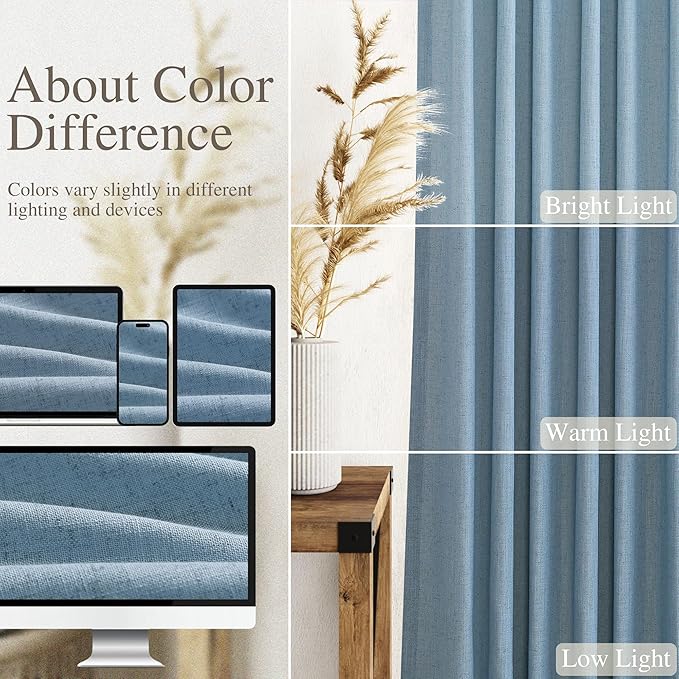 Linen Blue Curtains 120 inch Extra Long for Living Room Back Tab Light Filtering Semi Sheer Drapes Modern Farmhouse Coastal Decor Cotton Textured Curtain for Floor to Ceiling High Window 52x120