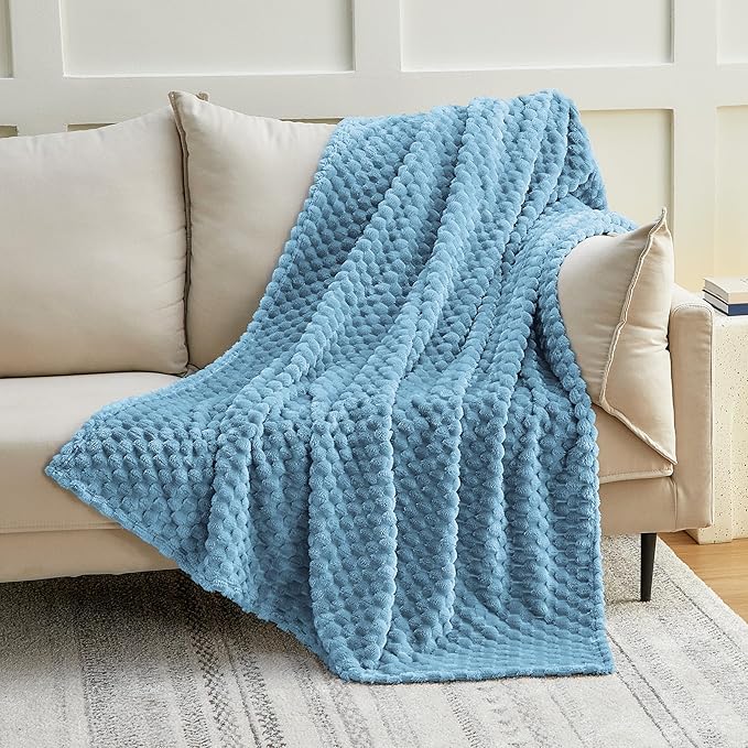 EXQ Home Fleece Blanket Twin Size for Couch or Bed - 3D Imitation Turtle Shell Jacquard Decorative Blankets - Cozy Soft Lightweight Fuzzy Flannel Blanket Suitable for All Seasons(60"×80",Blue)