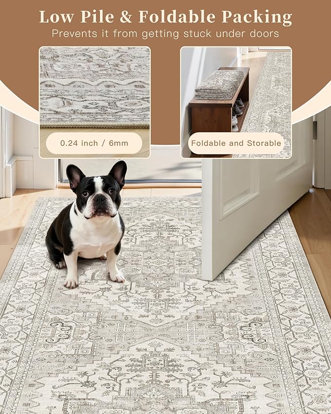Madane Washable Area Rug 2x3, Small Entryway Rug Non-Slip Vintage Door Mat Indoor Entrance, Low Pile Floor Carpet for Inside Front Door Bedroom Kitchen Entry Laundry (2'x3', Beige/Brown)