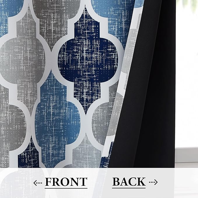 Beauoop Lattice Blackout Window Valance Curtain Panels Thermal Insulated Noise Reduction Drapes for Kitchen Cafe Living Room Quatrefoil Window Treatment Sets Rod Pocket, 50W x 18L, Blue/Gray, 1 Panel