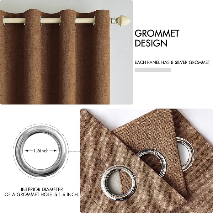 MIULEE 100% Blackout Linen Curtains for Bedroom Thermal Insulated Brown Grommet Room Darkening Curtains & Drapes Fall Decor for Living Room Nursery 52 x 96 Inch (2 Panels)