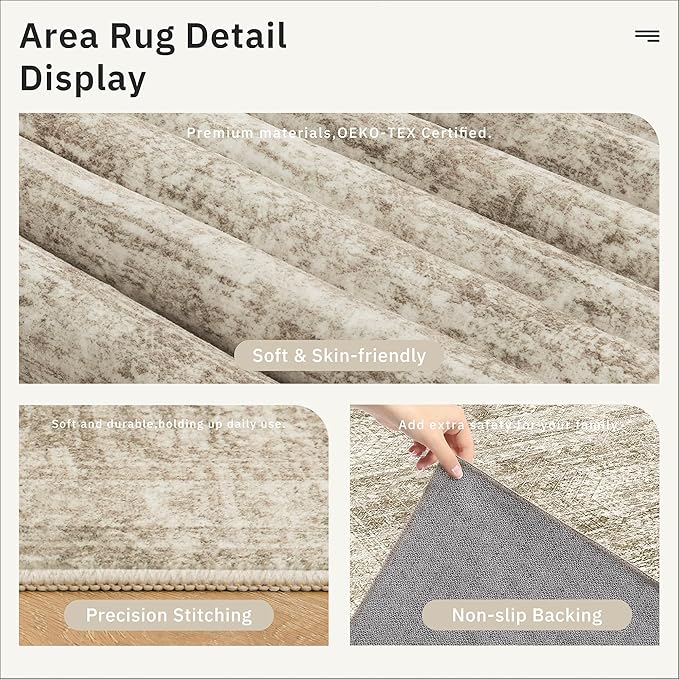 5x7 Area Rugs Brown Low Pile Indoor Washable Trendy Faded Style Rugs for Bedroom Living Room Dining Room Foldable Non-Slip Thin Print Mat