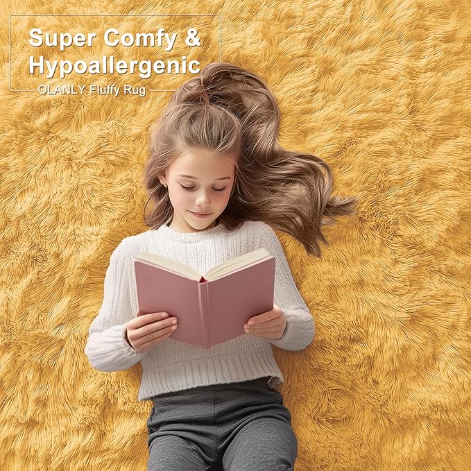OLANLY 2x5 Machine Washable Runner Rugs for Hallway, Soft Fluffy Shaggy Bedside Rugs for Bedroom, Living Room, Indoor Floor Carpet for Kids Girls and Boys, Home Decor Aesthetic, Mustard Yellow