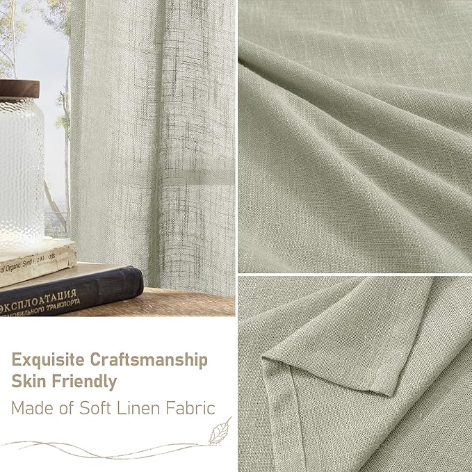 LAMIT Semi Sheer Linen Curtains 36 Inch Length 2 Panels, Light Filtering Panels Back Tab and Rod Pocket Neutral Drapes for Bathroom/Kitchen/Loft Room, Sage Grey, 34 x 36 Inch
