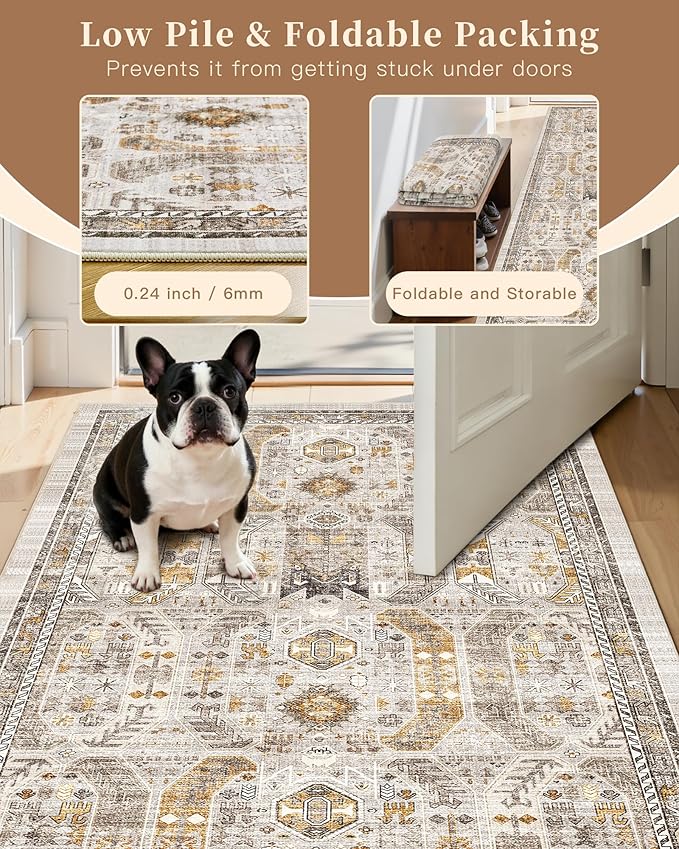 Madane Area Rug 4x6 Washable Rugs: Vintage Living Room Rug Soft Low Pile Non Slip Area Rugs Distressed Indoor Floor Carpet for Bedroom Kitchen Dining Room Home Decor, Brown/Gold