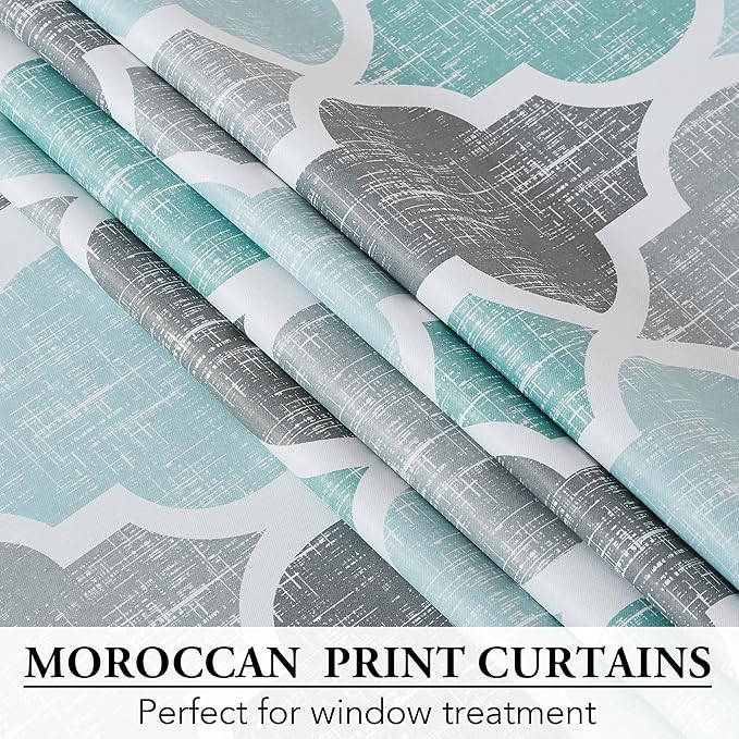 Beauoop 100% Blackout Curtains 108 Inches Long 2 Panels for Bedroom Living Room Aqua Grey Moroccan Geo Room Darkening Thermal Insulated Soundproof Grommet Top Window Treatments Drapes, 50x108 Set of 2