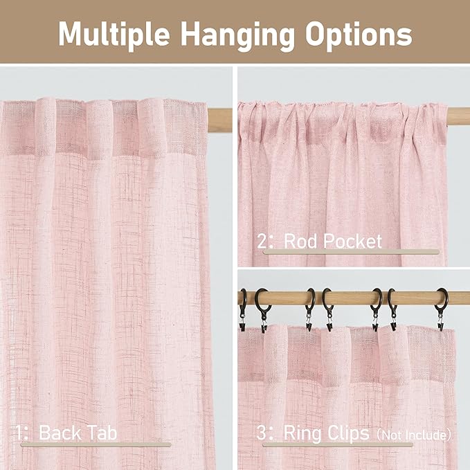 LAMIT Pink Linen Curtains 45 Inch Length 2 Panels, Light Filtering Panels Back Tab and Rod Pocket Country Decor Drapes for Kitchen/Window/Loft Room/Bedroom, 34 x 45 Inch
