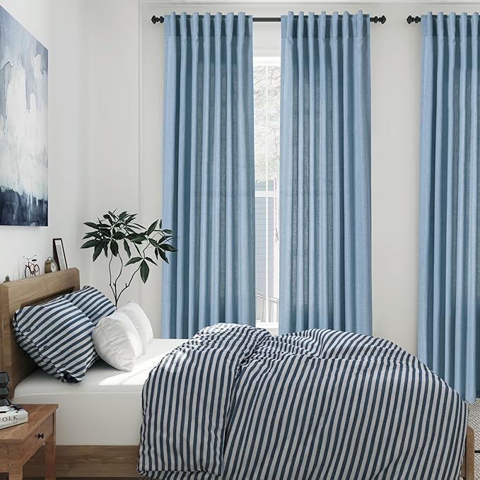 Nanspring Blue Semi Sheer Linen Curtains 90 inch Length for Living Room Back Tab Rod Pocket Modern Farmhouse Coastal Decor Dusty Blue Cotton Textured Gauze Curtains for Dining Room Office 52x90