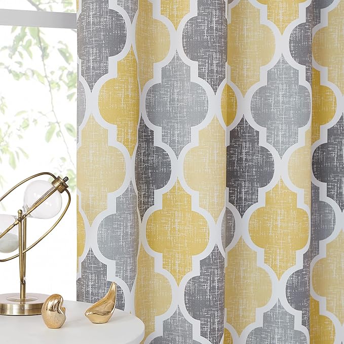 Beauoop 100% Blackout Curtains 84 Inches Long 2 Panels for Bedroom Living Room Yellow Grey Moroccan Geo Room Darkening Thermal Insulated Soundproof Grommet Top Window Treatments Drapes, 50x84 Set of 2