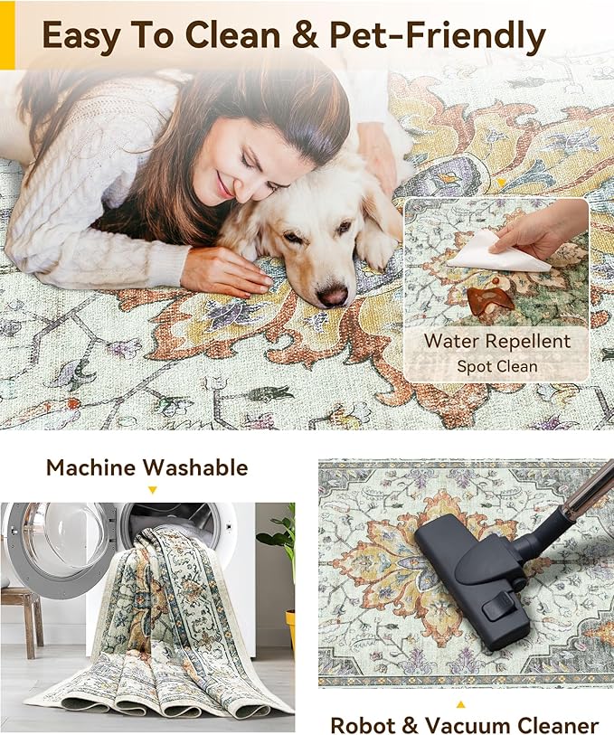 Area Rugs Square 6ft Washable Non-Slip, Floral Vintage Distress Print Pattern Medallion Carpet for Living Room Bedroom Dining Room, Light Yellow Carbon Grey Orange