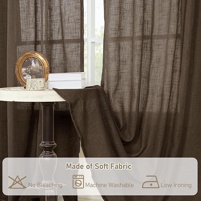 LAMIT Dark Brown 78 inch Linen Curtains for Living Room 2 Panels, Linen Textured Light Filtering Semi Sheer Back Tab and Rod Pocket Curtain Panels for Bedroom/Farmhouse, 52 x 78 Inch