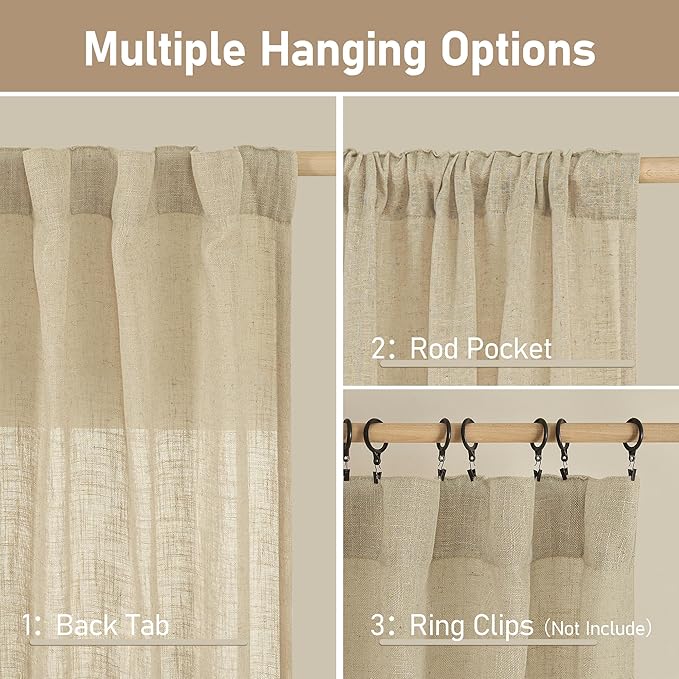 LAMIT Light Filtering Linen Curtains 68 inches Long for Bedroom, Faux Linen Textured Semi Sheer Back Tab and Rod Pocket Boho Modern Drapes for Living Room/Farmhouse, Linen, 2 Panels, 52 x 68 Inch