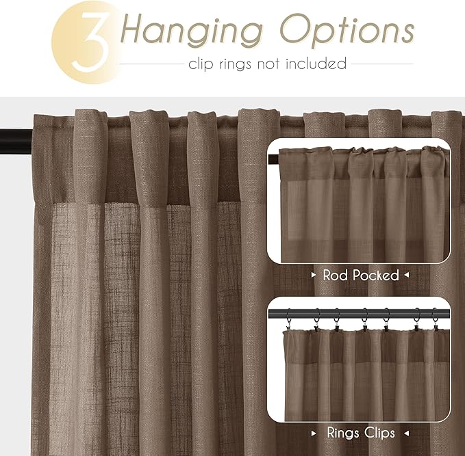 Chocolate Brown Linen Curtain 84 inch Length 2 Panels Set Back Tab Light Filtering Living Room Curtain Drapes Home Office Modern Minimalist Decor Farmhouse Boho Neutral Semi Sheer Curtain 84 inch Long