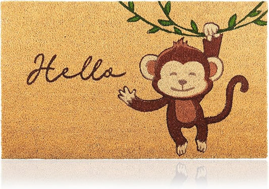 Monkey - 17"x29" - Coir Door Mat with Heavy Duty Backing - Welcome Mats for Entryway, Porch - Anti-Slip PVC & Coconut Fiber Surface - Natural Home Accessories, Minimalist Original Design
