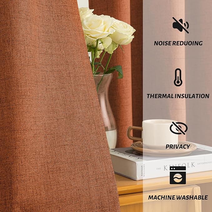 Yakamok Burnt Orange Linen Curtains 100% Blackout 63 Inches Long,Room Darkening Textured Curtains for Living Room Thermal Grommet Bedroom Curtains 2 Panels with White Liner