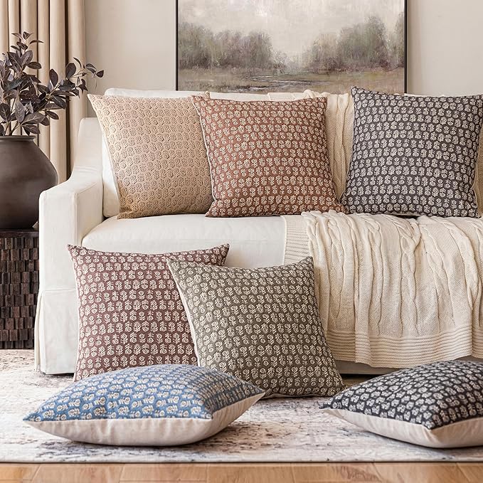Foindtower Set of 2 Decorative Vintage Floral Print Throw Pillow Covers Neutral Farmhouse Cushion Covers Boho Home Decor for Sofa Couch Chair Bedroom Living Room,20×20 Inch,Light Orange Brown