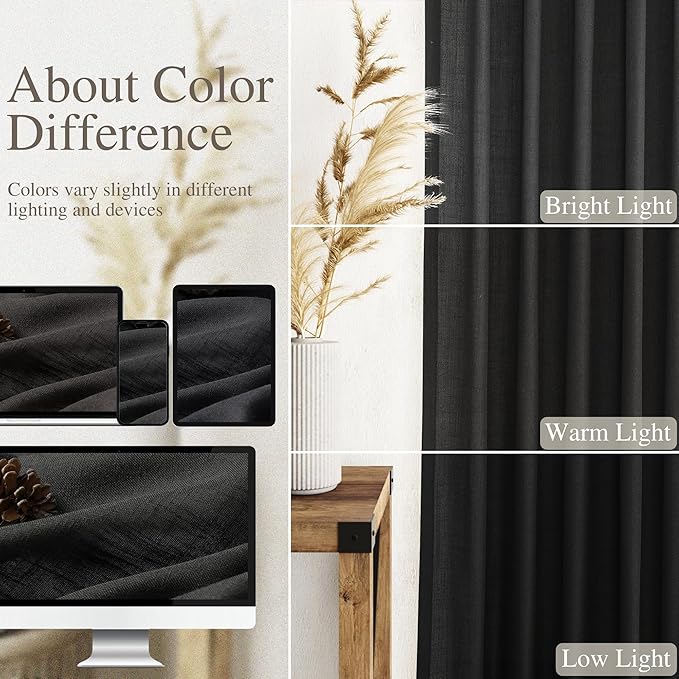 Nanspring Short Linen Curtains 36 Inch Length for Kitchen Windows Over Sink Black Privacy Back Tab and Rod Pocket Modern Neutral Curtains for Cafe Basement 30 x 36 Inch,2 Panels