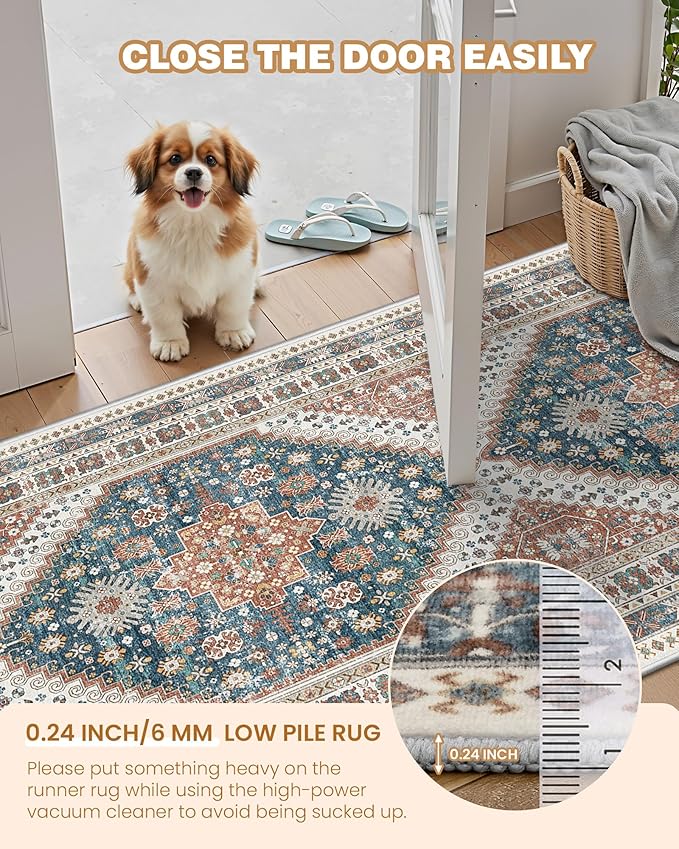 Washable Runner Rug 2.5x14, Non-Slip Long Kitchen Mats for Floor, Vintage Rug for Entryway, Soft Hallway Runner for Dining Room, Bedroom, Living Room(Blue/Red,2.5'x14')