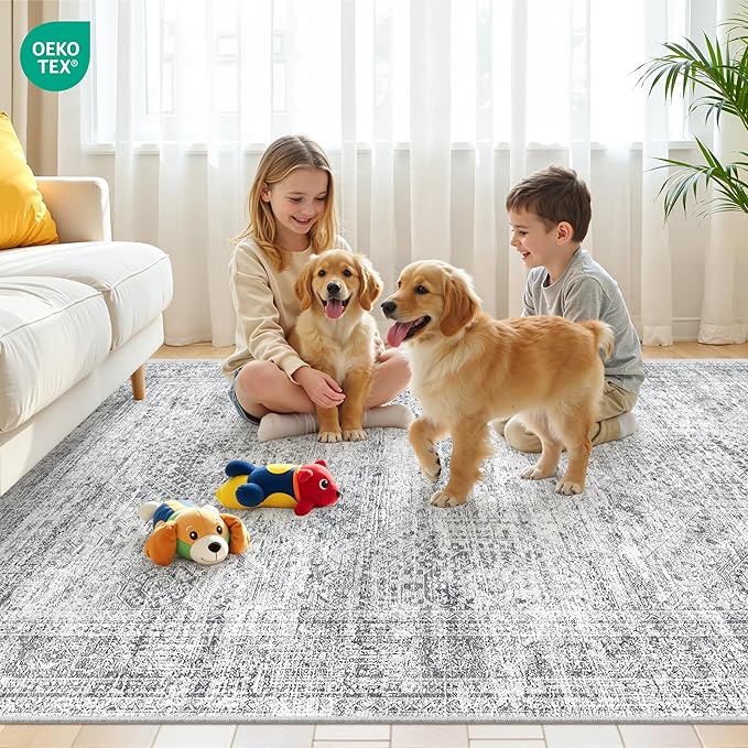 8x10 Area Rugs for Living Room, Non-Slip Backing Large Washable Rug for Nursery Room, Vintage Abstract Bedroom Rugs, Thin Indoor Home Decor Soft Farmhouse Rug (8'x10', Grey/Ivory)