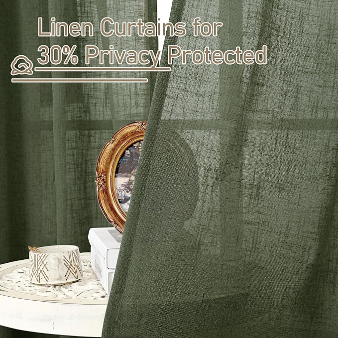 LAMIT Olive Green Linen Curtains for Living Room 84 inch Length 2 Panels, Light Filtering Semi Sheer Panels Back Tab and Rod Pocket Boho Christmas Drapes for Bedroom/Farmhouse, 38 x 84 Inch
