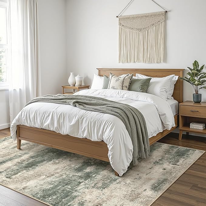 BEIMO Area Rugs 9x12 for Living Room Bedroom, Modern Abstract Machine Washable Rug, Large Soft Low Pile Floor Cover with Non Slip Backing for Dining Room, Grey/Dark Green