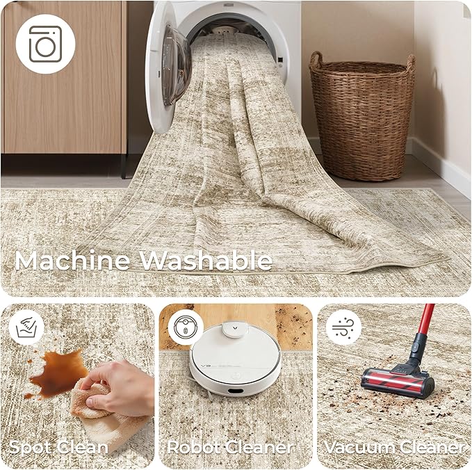 2x3 Washable Rug Runner for Bathroom, Soft Entryway Rug for Laundry Room, Kitchen, Vintage Abstract Hallway Runner for Bedroom, Anti-Slip Door Mat Indoor Entrance(2'x3', Brown/Ivory)