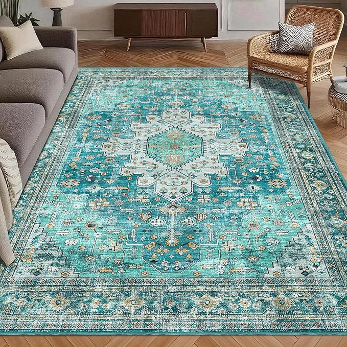 Washable Area Rug 6' x 9' Vintage Traditional Persian Mat - Foldable Distressed Non-Slip Machine Washable Carpet for Living Room Bedroom Kitchen Home Decor - Teal and Gold