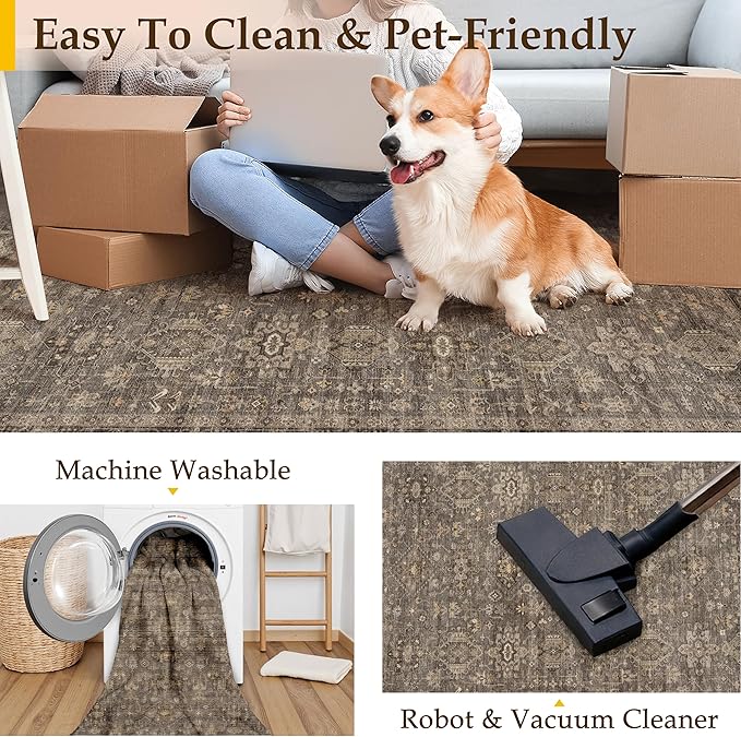 3x5 Washable Area Rug for Entryway Vintage Brown Non Slip Low Pile Carpet Traditional Retro Soft Throw Rug for Entrance Bathroom Door Mat Indoor Dorm Dining Room