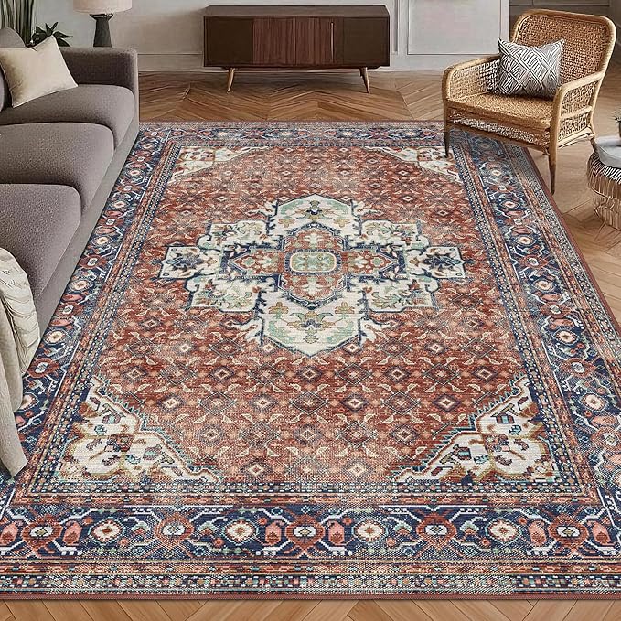 Washable Area Rug 5' x 7' Vintage Traditional Persian Mat - Foldable Distressed Non-Slip Machine Washable Carpet for Living Room Bedroom Kitchen Home Decor - Terracotta and Navy