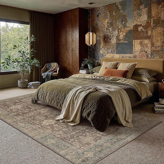 6x9 Washable Area Rug for Living Room Bedroom Vintage Rust Red Carpet Soft Low Pile Traditional Retro Non Slip Throw Rug for Dining Room Entryway Indoor Dorm Kitchen