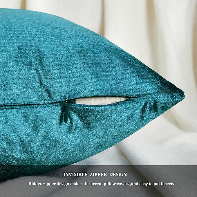 GIGIZAZA Decorative Couch Throw Pillow Covers,Set of 2 Teal Peacock Green Square Pillow Cushion Covers 22x22,Pillow Cases Velvet Pillow Covers